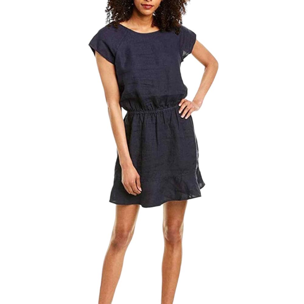 Joie Quora Black Linen Blouson Mini Dress‎ Womens Medium Cap Sleeve Ruffle Hem